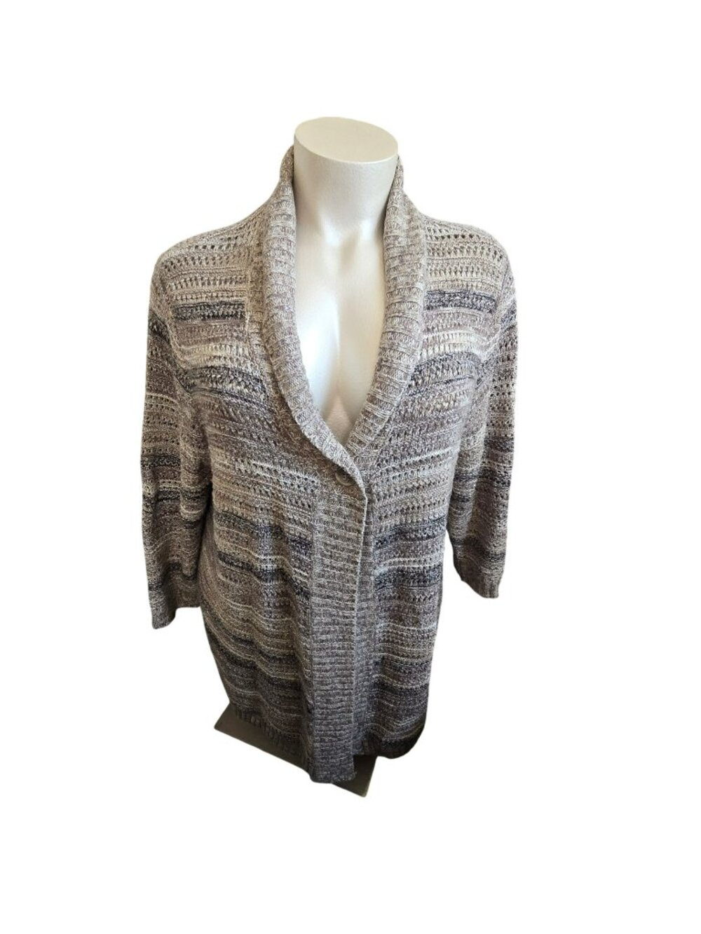 Cardigan Sweater Tan Gray Striped Womens Plus Size 3X Single Button Front JJ4352